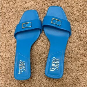 Franco Sarto Bright Blue Slide Sandals with Gold Accent